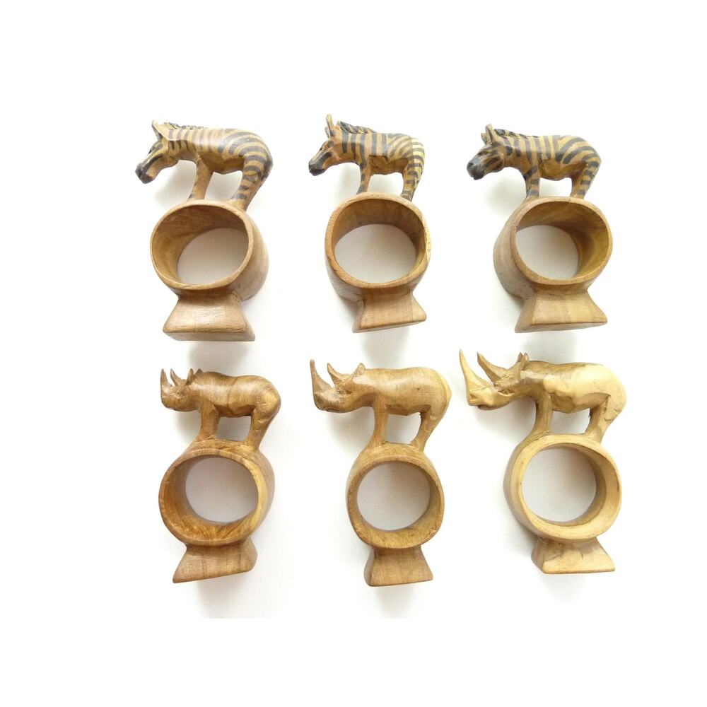 6 Vintage African Hand Carved Wood Napkin Rings Zebra Rhino Safari Animal Decor